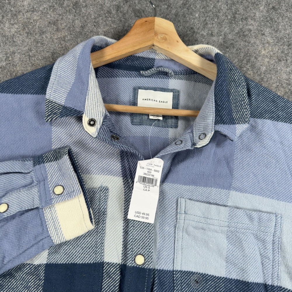 American Eagle Outfitters Shirt Mens Small Blue Plaid Flannel Snap Front Casual